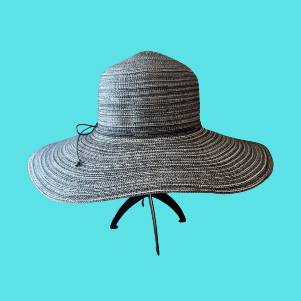 Wide Brim Striped Sun Hat – Black & Gray – 5" Brim